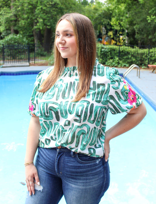 Green Pattered Ruffle Top LT